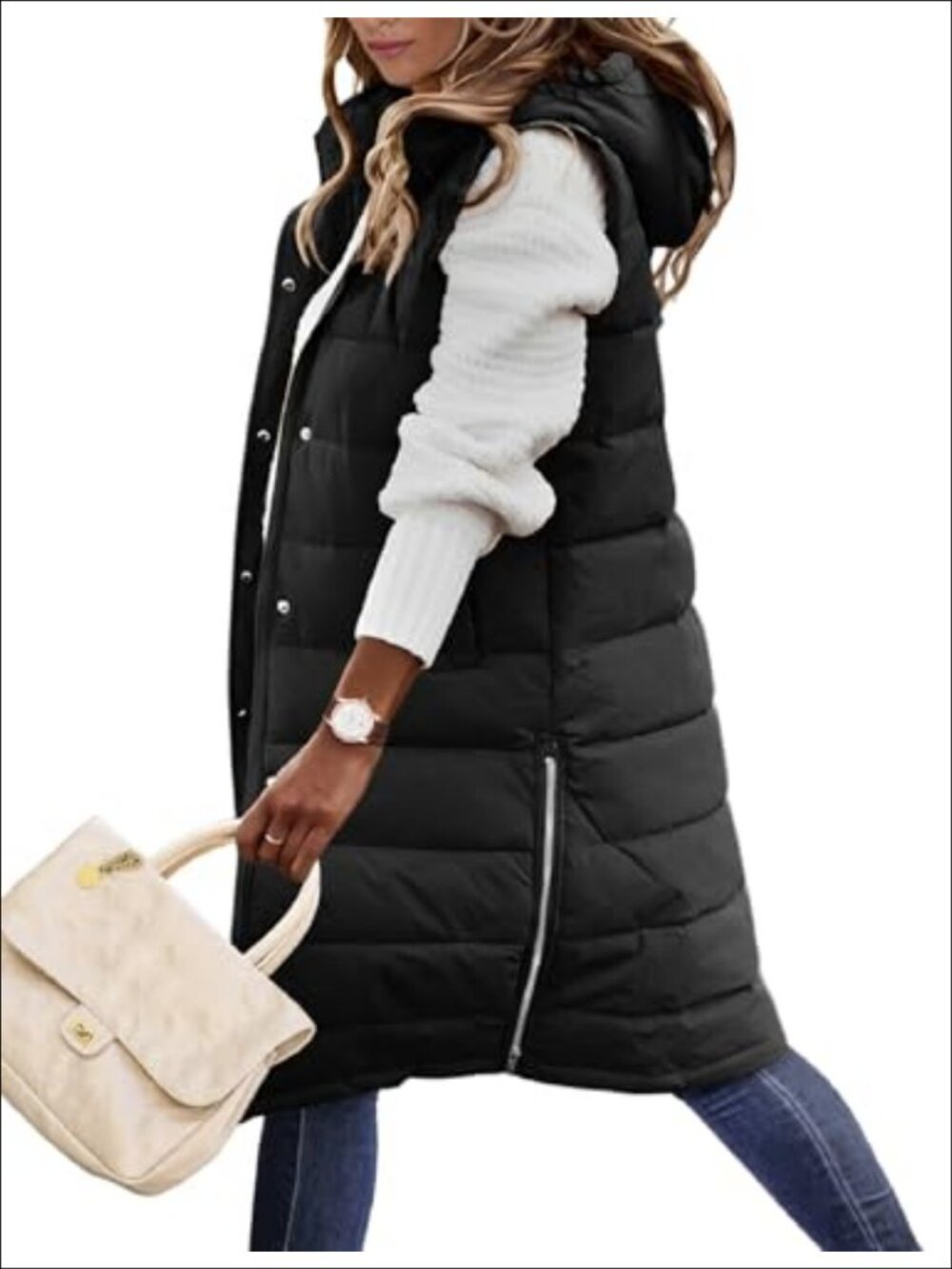 Long Hooded Puffer Vest Sleeveless Quilted Winter Warm Zip Up Coat